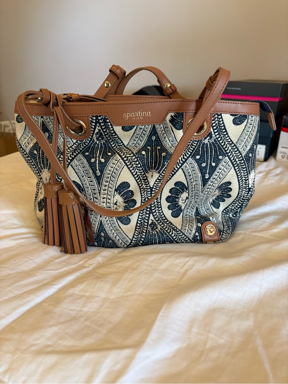 Spartina 449 Navy & Tan Patterned Shoulder Tote